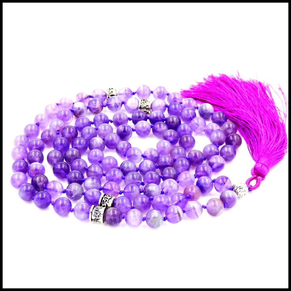 Amethyst Gemstone Mala Prayer Beads Necklace Handcrafted Meditation Yoga